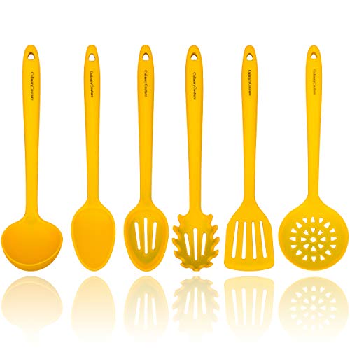 Yellow Silicone Cooking Utensils Set  Sturdy Steel Inner Core  Spatula, Mixing & Slotted Spoon, Ladle, Pasta Server, Drainer  Heat Resistant Kitchen Tools  Bonus Recipe Ebook