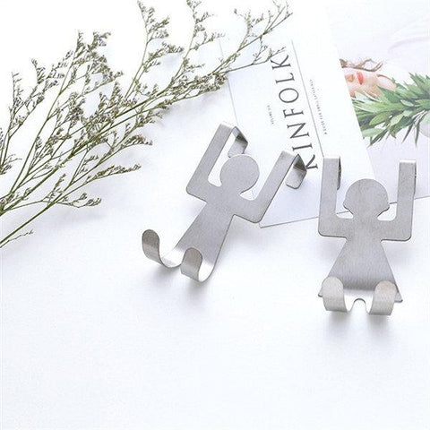 2 Pcs Cartoon Human-shaped Door Back Hook Creative Seamless Nail-free Cabinet Rag Storage Hook