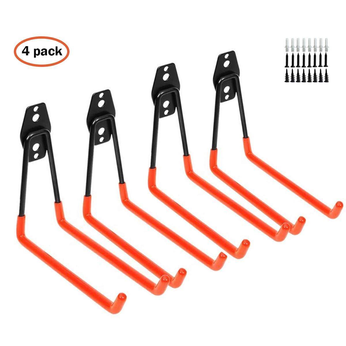 Garage Hooks Heavy Duty Storage Utility Hangers Wall Mount Garage Orgnaizier with Extended Double Arms for Ladders, Bikes, Heavy Tools, Garden Hoses, and Other Bulky Items (4 Pack/Orange Color)