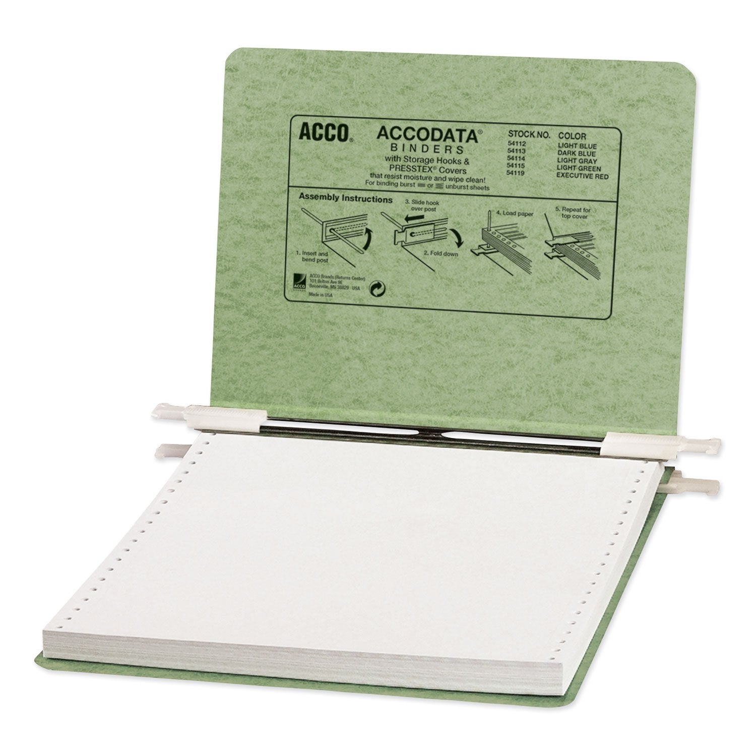 ACCO PRESSTEX Covers with Storage Hooks, 2 Posts, 6" Capacity, 9.5 x 11, Light Green